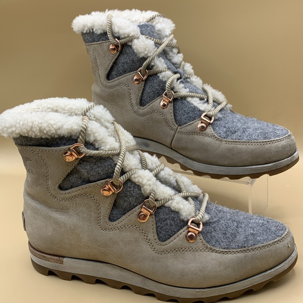 Sorel Sneakchic Alpine Womens Size 8.5 Beige Gray Leather Sherpa Snow Boots - Picture 1 of 10